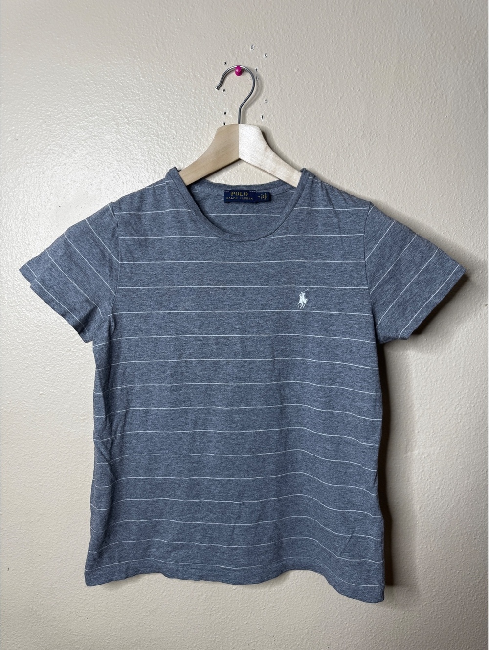 Polo Ralph Lauren Womens M T-Shirt Gray White Striped Pony Logo Cotton